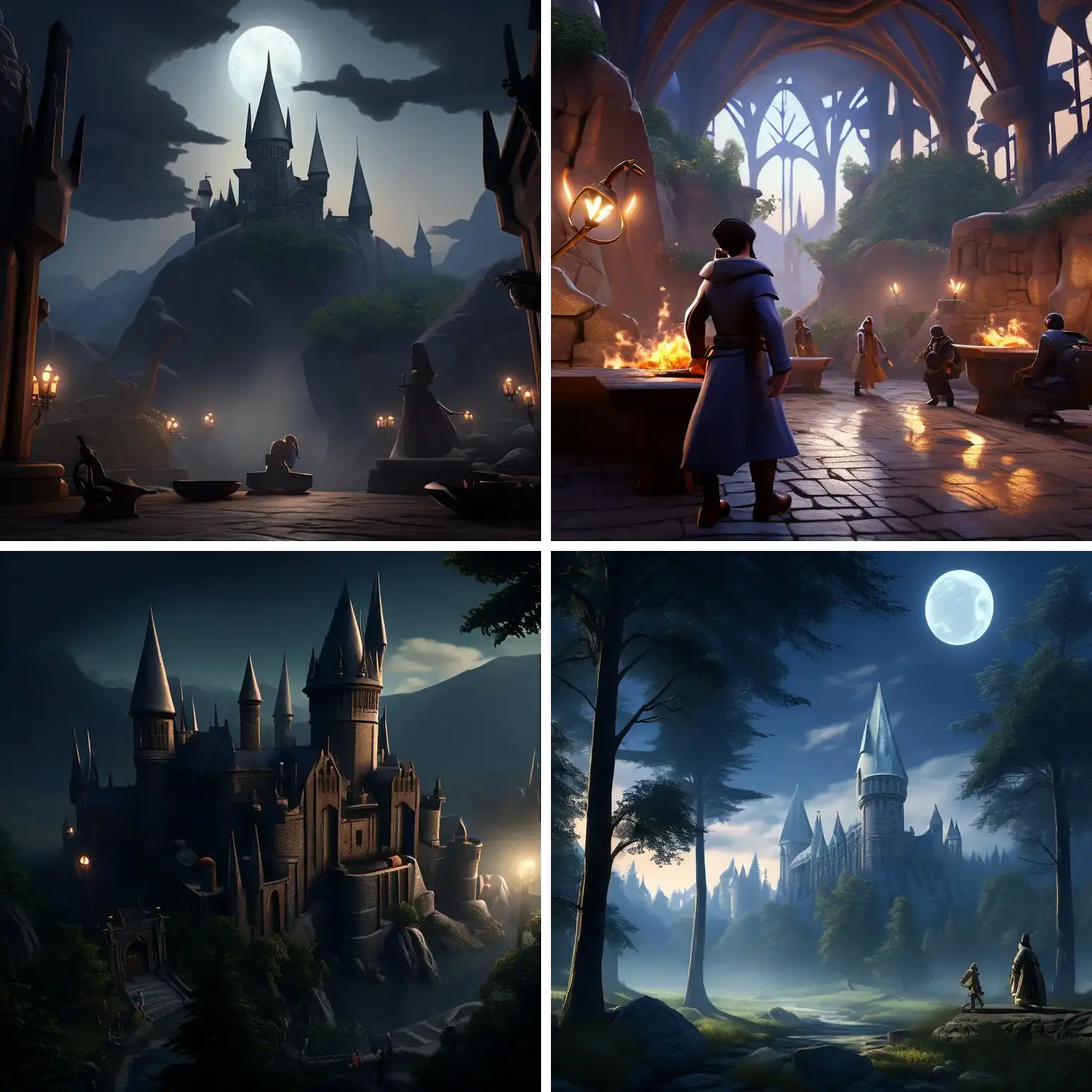 Four moonlit fantasy scenes in one set: hilltop castles, a torchlit forge hall and a forest clearing at night