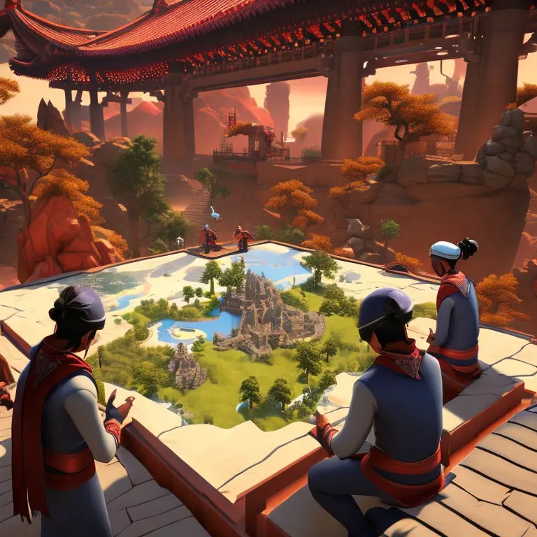 AI generated scene of robed characters gathered around a miniature landscape map beneath a red temple bridge