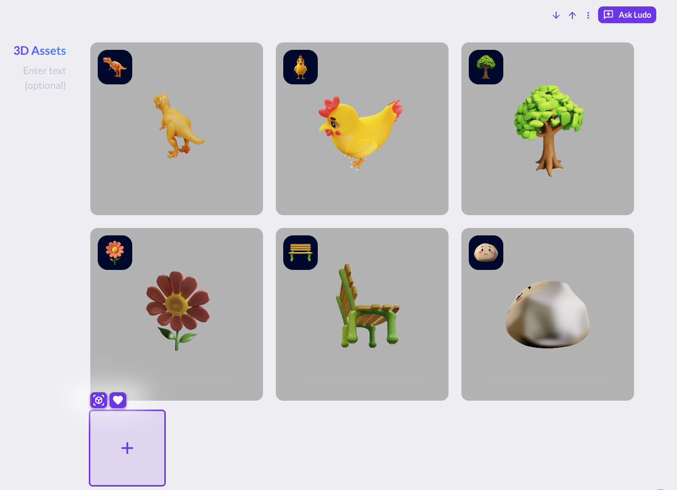 Assets grid in a game concept holding generated 3D models: dinosaur, chicken, tree, flower, bench and rock