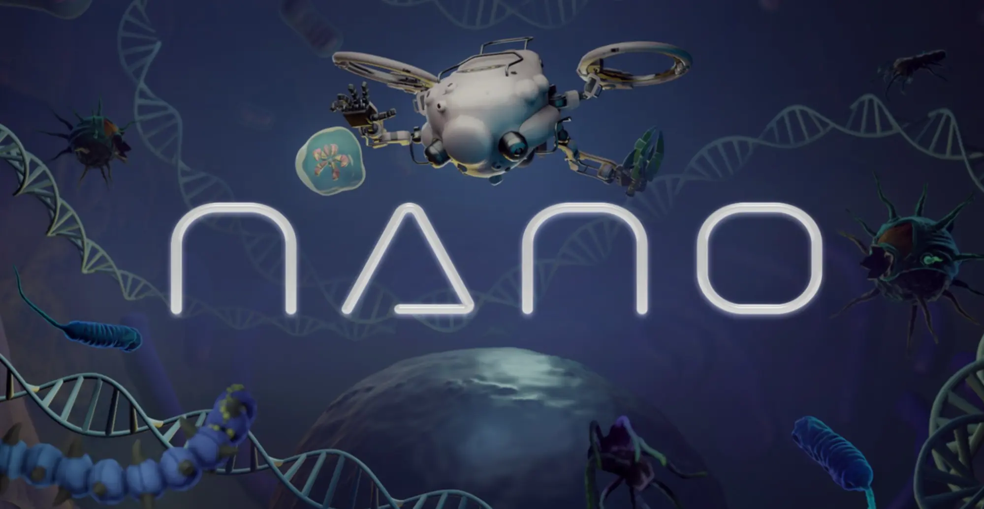Title screen for the game nano, showing a robotic drone among DNA strands, cells and microbes