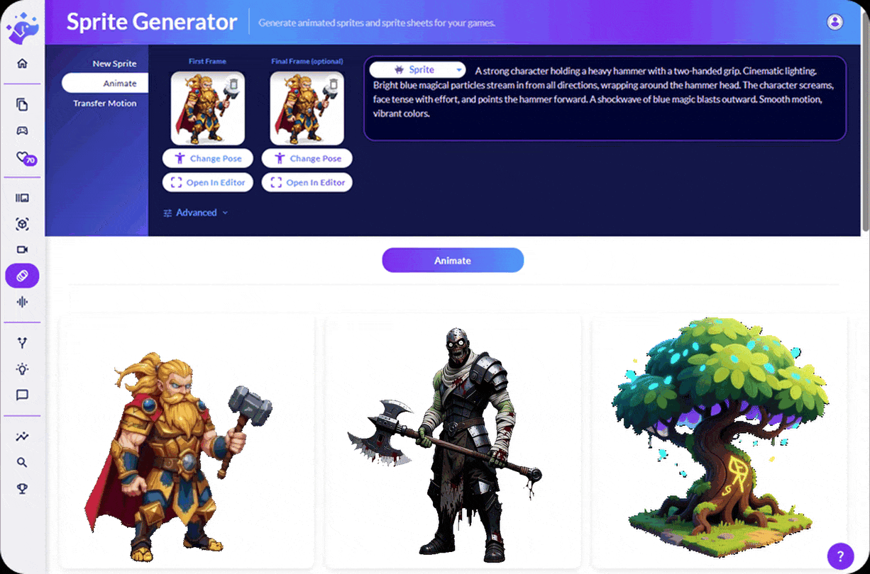 Generate and Animate Custom Sprites and Sprite Sheets for Your Games - Create unique, game-ready 2D assets in minutes. Go from a text description to a fully animated character with a downloadable sprite sheet - no artistic or animation skills required.