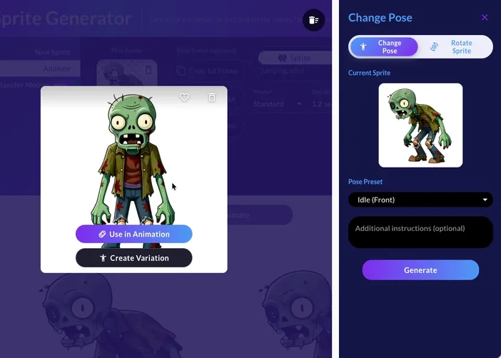 Change Pose panel with its Change Pose and Rotate Sprite tabs and a pose preset of Idle (Front), beside the generated sprite