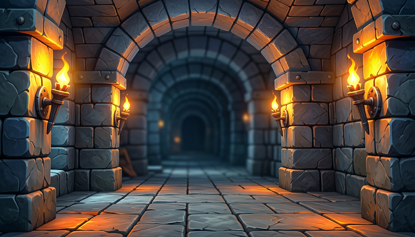torchlit dungeon with stone arches
