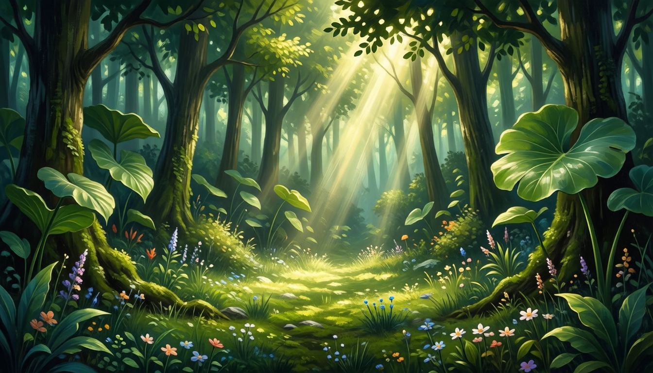 fantasy forest clearing with sunbeams
