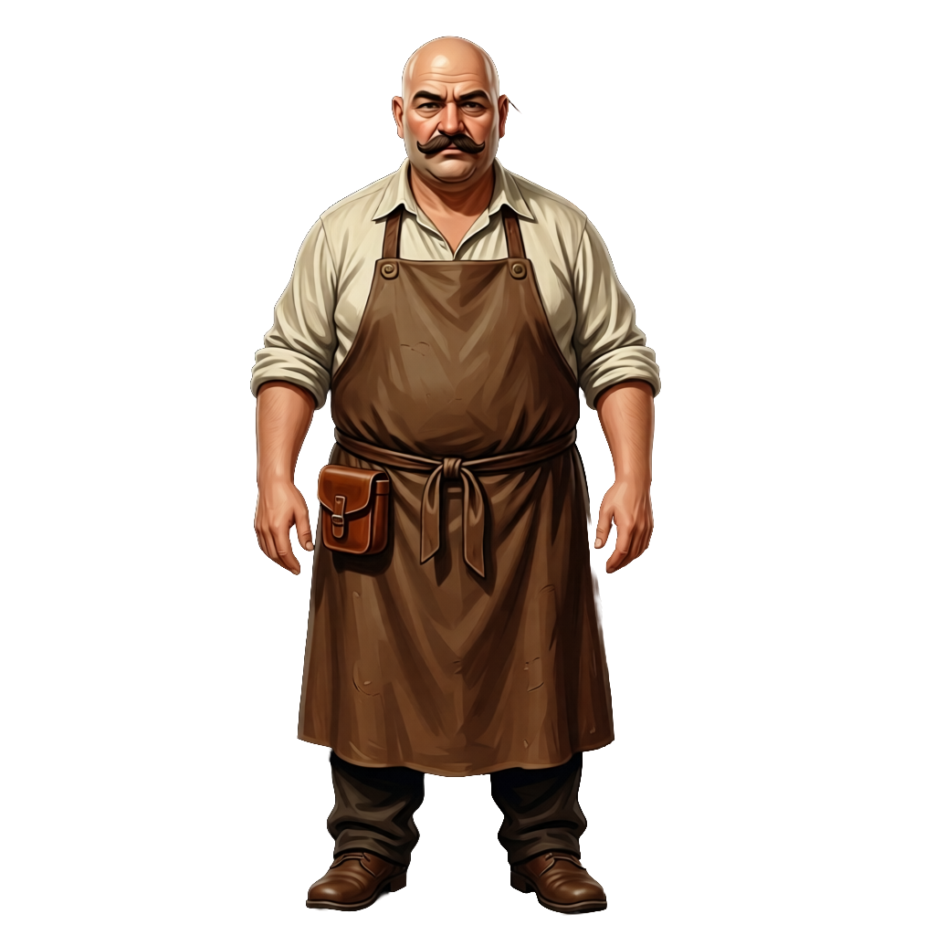 Shopkeeper character generated in the same hand-painted style