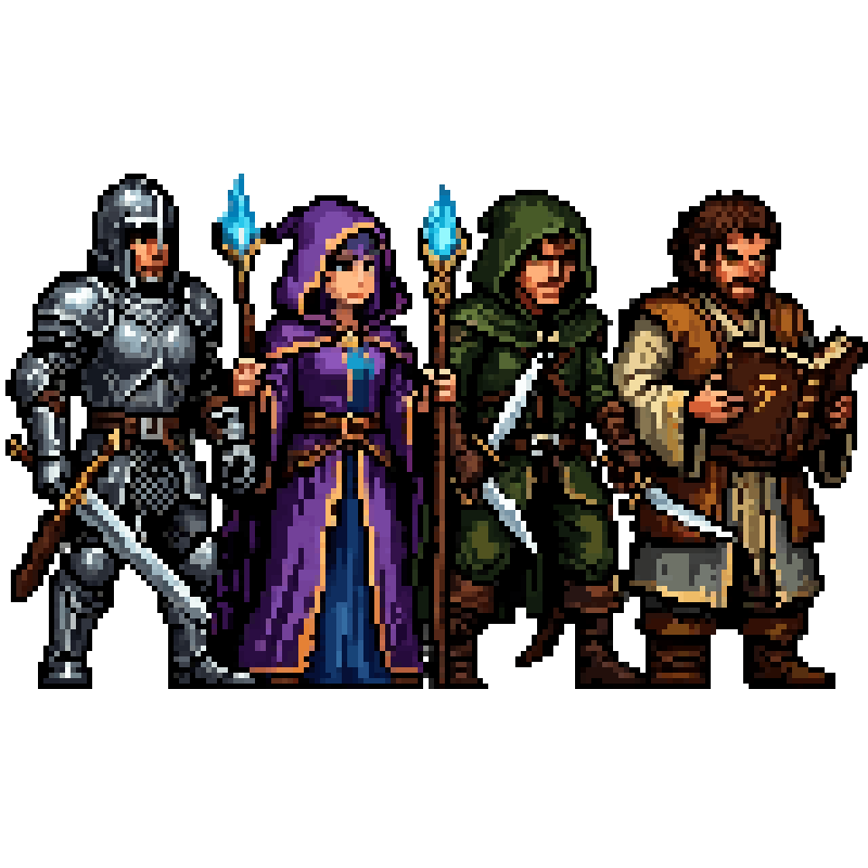 Lineup of four 16-bit pixel art characters: knight, mage, rogue, healer