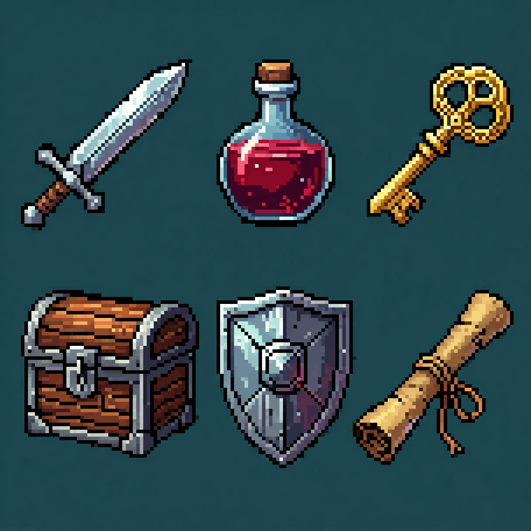 Set of pixel art game items: sword, potion, key, chest, shield, scroll