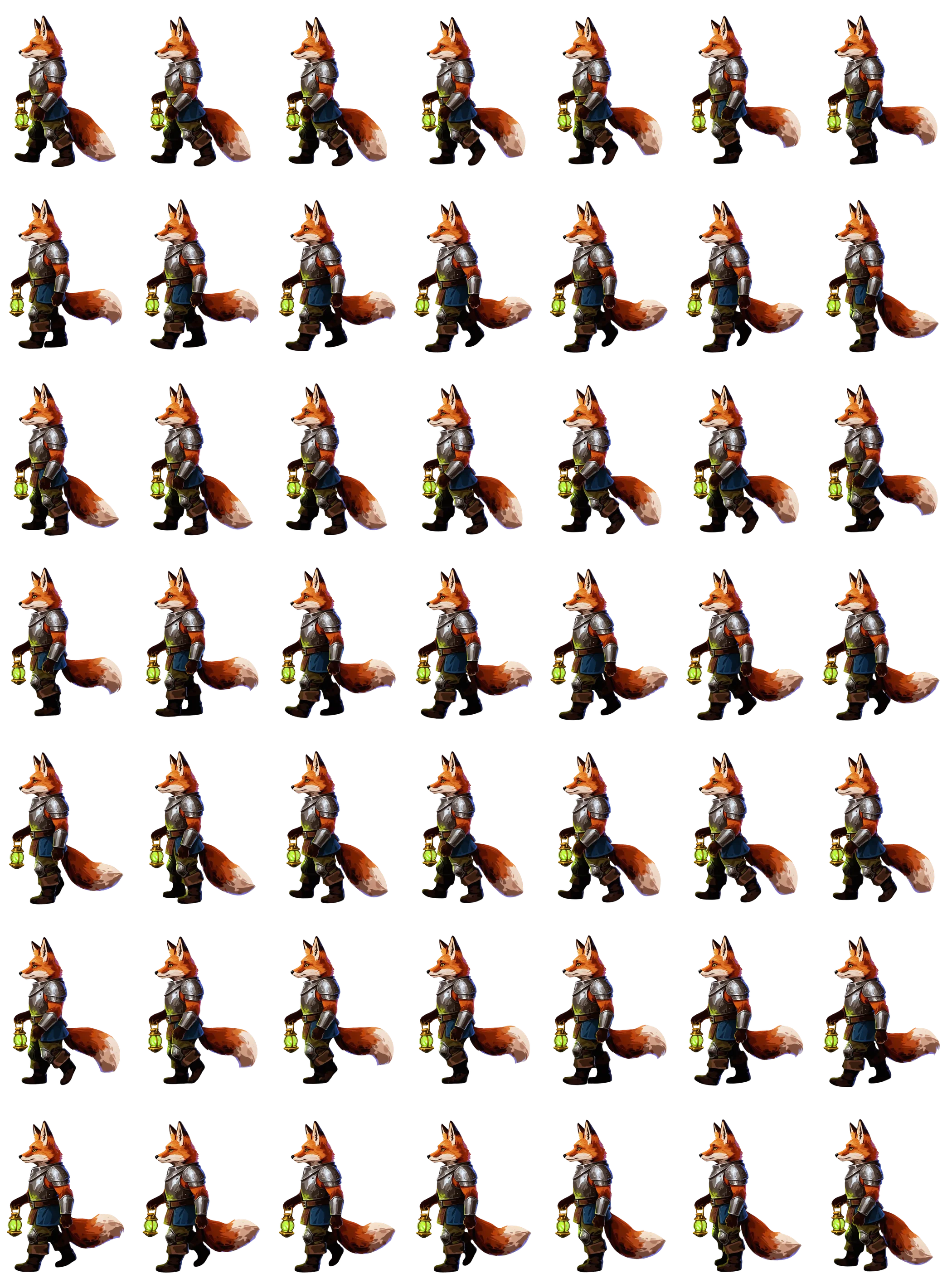 The packed 49-frame sprite sheet of the fox knight walk cycle